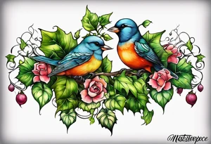 ivy sleeve with birds and barbs tattoo idea