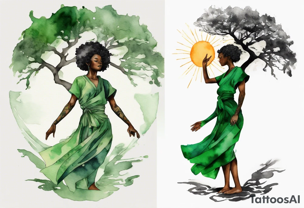a tree that turns into a black woman reaching with her arms towards the sun, wearing a green tunic tattoo idea