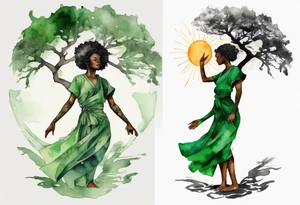 a tree that turns into a black woman reaching with her arms towards the sun, wearing a green tunic tattoo idea