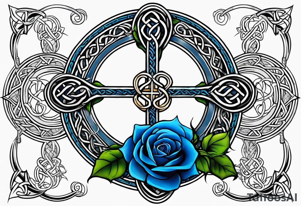 Celtic cross impaled by a blue rose tattoo idea