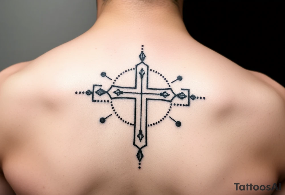 Christian cross surrounded by geometric shapes tattoo idea