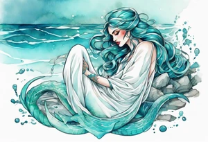 A beautiful undine with turquois scales wearing a white robe, laying on the shore tattoo idea