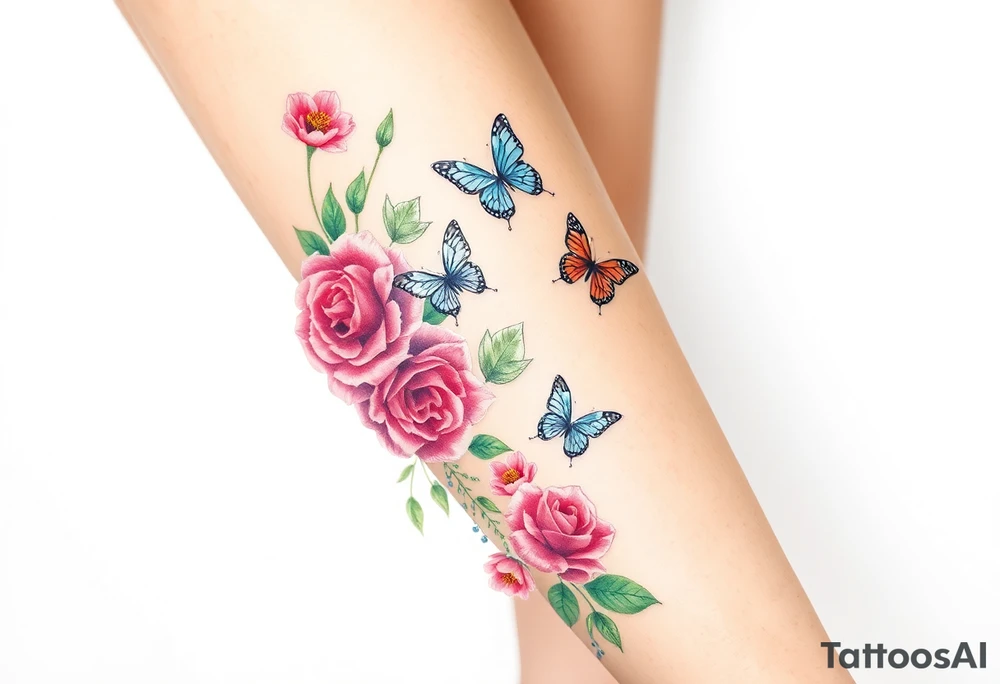Realistic roses, tulips, and lilies 
and leaves and butterflies with embellishments that goes down and wraps around the leg tattoo idea