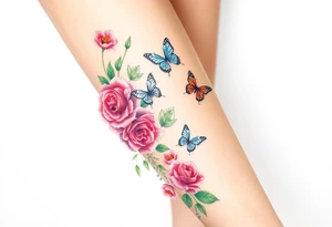 Realistic roses, tulips, and lilies 
and leaves and butterflies with embellishments that goes down and wraps around the leg tattoo idea