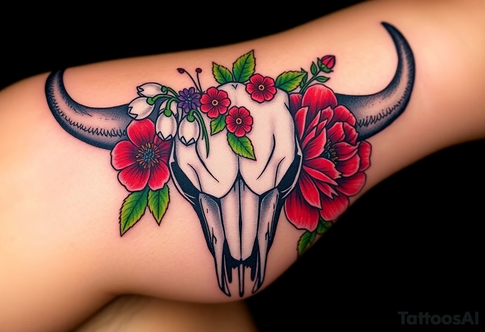 Buffalo or bison skull with flowers. Snow drop and red peony. Green holly with red berries, purple larkspur, red peony.  Colour. For upper arm or shoulder. Masculin. tattoo idea