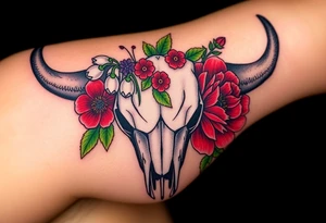 Buffalo or bison skull with flowers. Snow drop and red peony. Green holly with red berries, purple larkspur, red peony.  Colour. For upper arm or shoulder. Masculin. tattoo idea