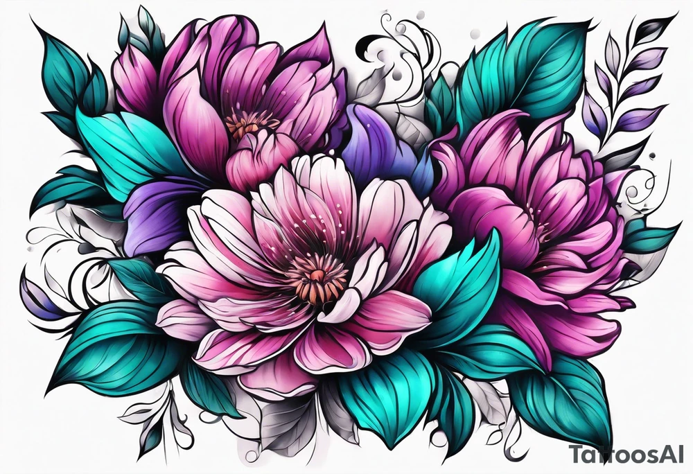 Teal, pink and purple flower sleeve tattoo idea