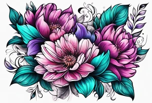 Teal, pink and purple flower sleeve tattoo idea