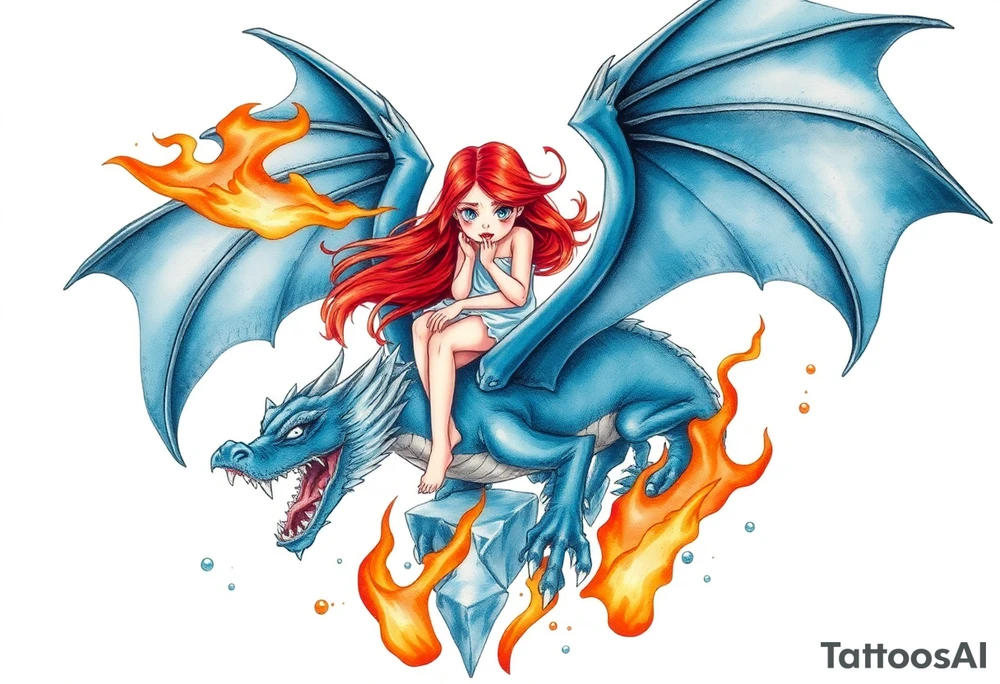 Scared redheaded girl on a blue dragon breathing fire with wings spread and flying over ice and flames tattoo idea