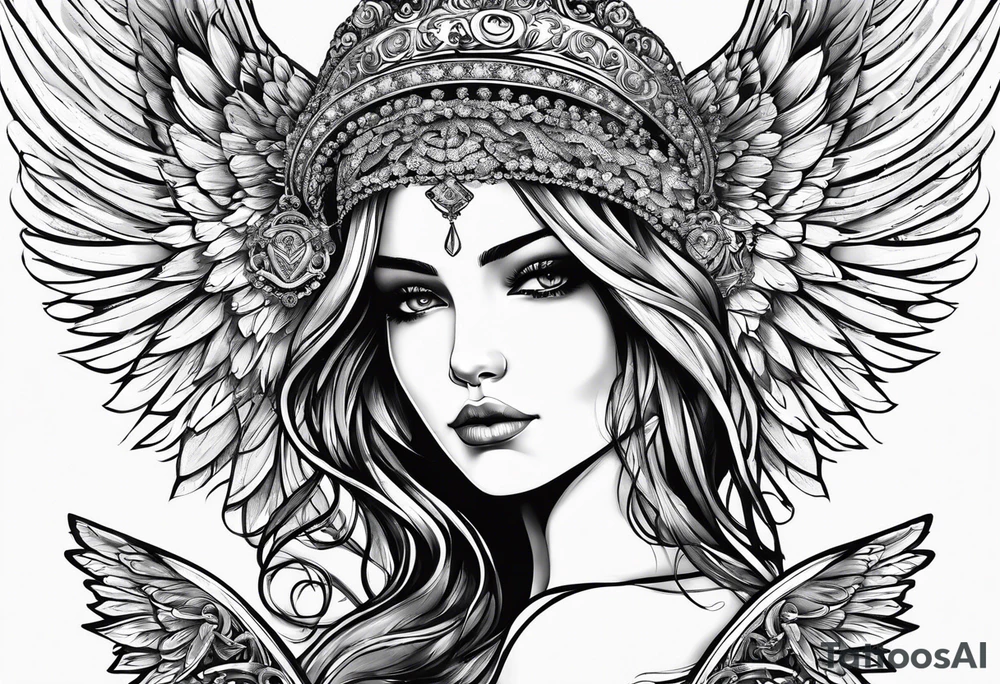 Spiritual angel. The name « Leah » is written in gothic letters. tattoo idea