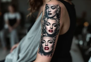 A filmstrip tattoo with several Marilyn Monroe expressions in black and grey with one red-lipped close-up. tattoo idea