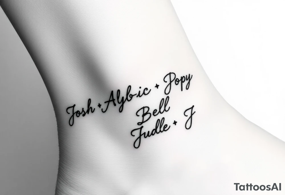 an ankle tattoo with the names Josh•Abbie•Poppy•Zac•Jack•Bella•Oscar•Jude•Jaxson tattoo idea