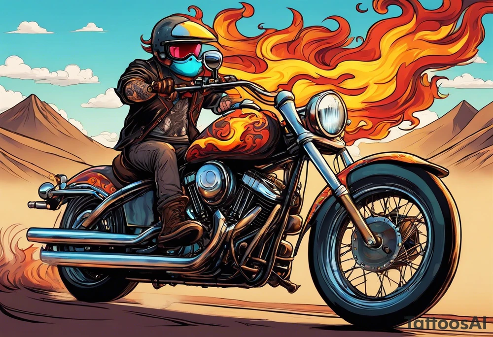 A single eyeball with arms & legs & a mustache riding a motorcycle with flames coming out the pipes. The rider should be face on and there should be a desert scene in the background tattoo idea