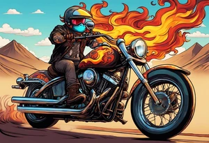 A single eyeball with arms & legs & a mustache riding a motorcycle with flames coming out the pipes. The rider should be face on and there should be a desert scene in the background tattoo idea