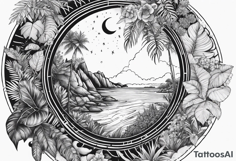 sleeve tattoo with jungle plants and Vegvisir, moon and beach tattoo idea