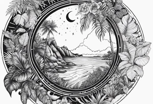 sleeve tattoo with jungle plants and Vegvisir, moon and beach tattoo idea