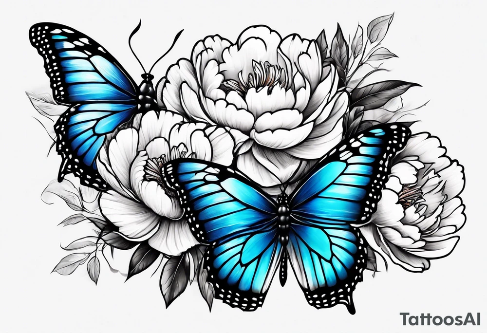 Peony with blue monarch butterflies tattoo idea