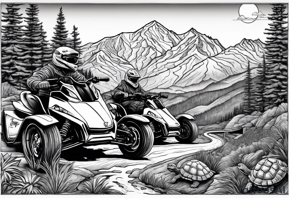 Wasatch Mountain scape with a Honda ATC three wheeler and four turtles watching from the path tattoo idea