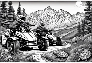 Wasatch Mountain scape with a Honda ATC three wheeler and four turtles watching from the path tattoo idea
