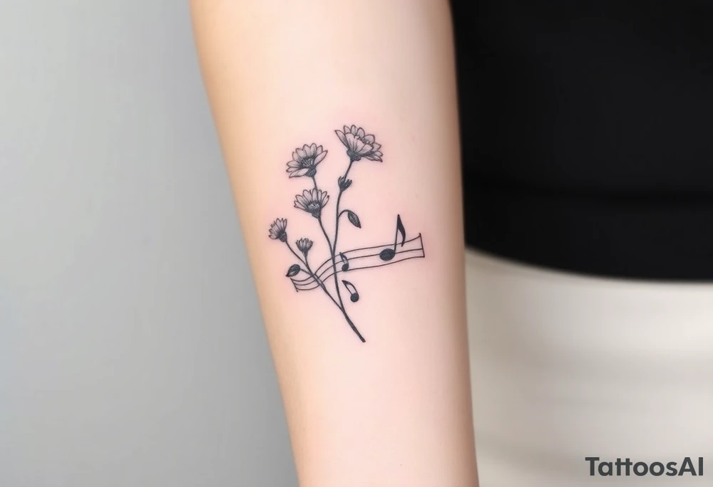 Red flowers with black music notes tattoo idea