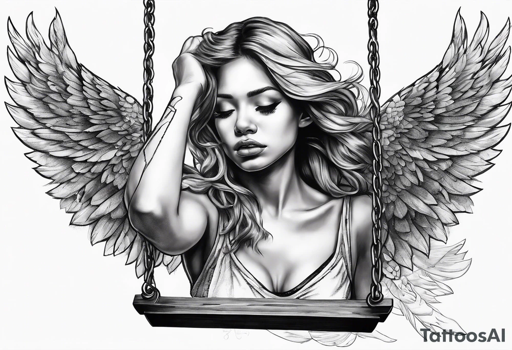 crying broken angel on swing tattoo idea