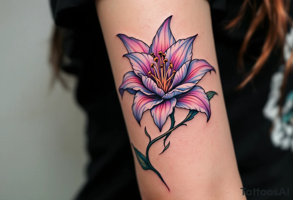 Lilie flower with name and date "Kristýna – 5.4.2014 v 12:00" elegantly curved around its stem in rose gold ink. tattoo idea