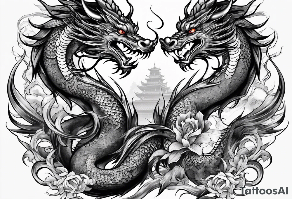 two Chinese dragons lady design tattoo idea