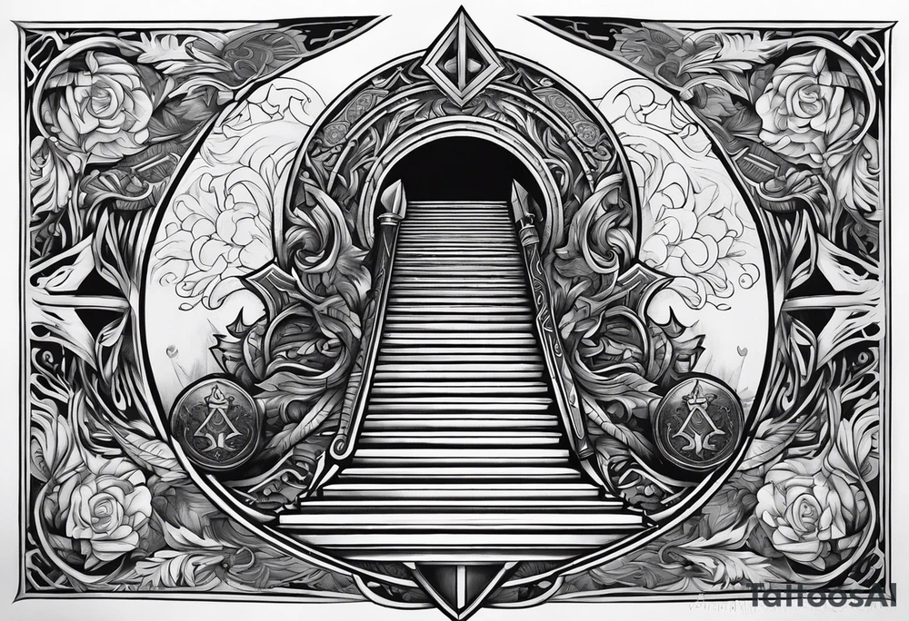 Valhalla sword shield stairs axe tattoo idea