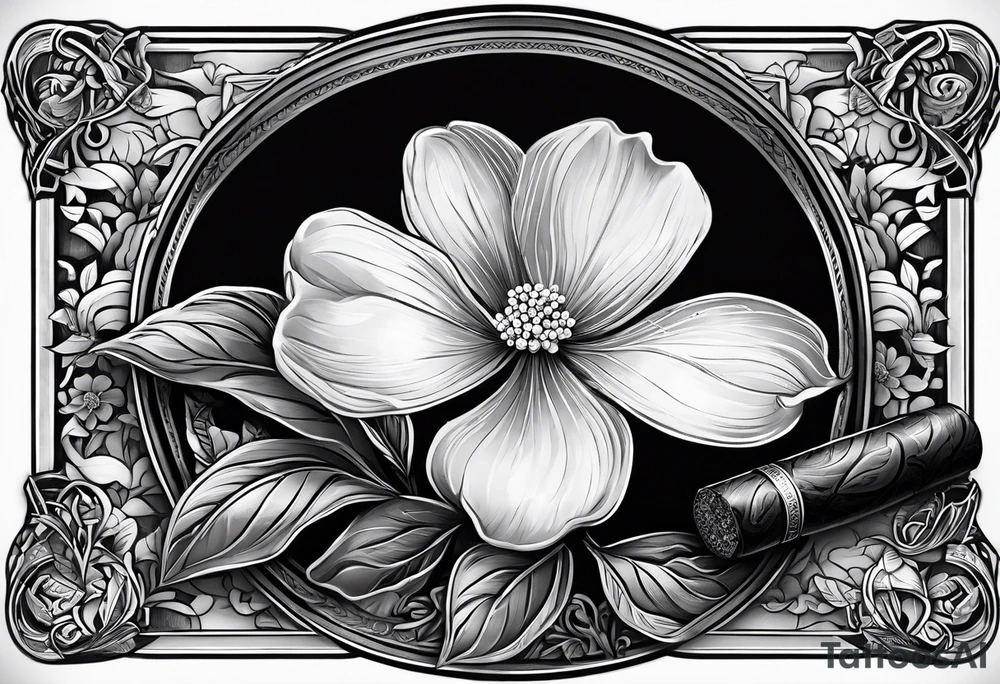 A simple vintage cigar box with a dogwood flower next to it as well as a lit cigar tattoo idea