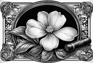 A simple vintage cigar box with a dogwood flower next to it as well as a lit cigar tattoo idea