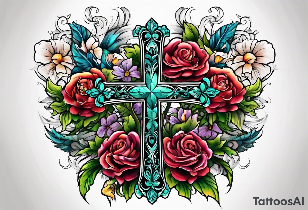 Flowers around a cross tattoo idea