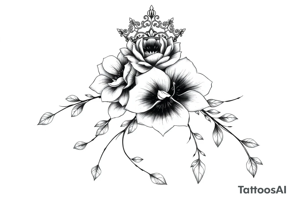 detailed beautiful gothic boho flowers on vine with gorgeous crown ornamental tattoo idea