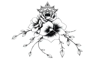 detailed beautiful gothic boho flowers on vine with gorgeous crown ornamental tattoo idea