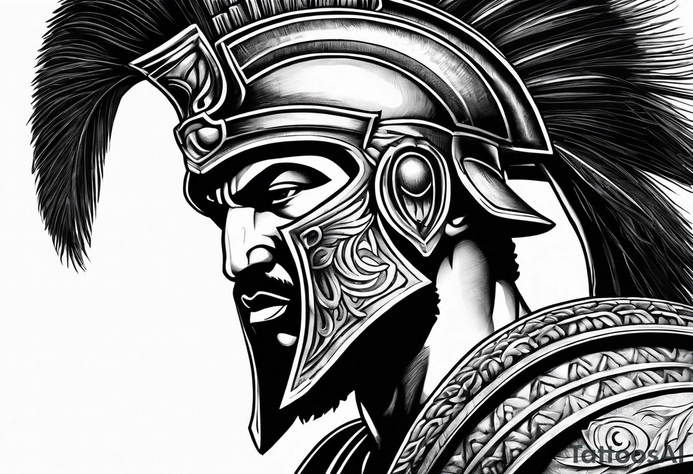 greek spartan warriors black face under the helmet, holding a spear tattoo idea