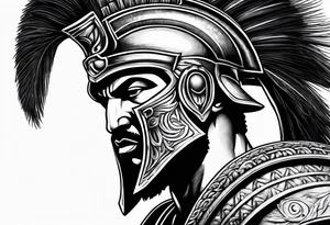 greek spartan warriors black face under the helmet, holding a spear tattoo idea