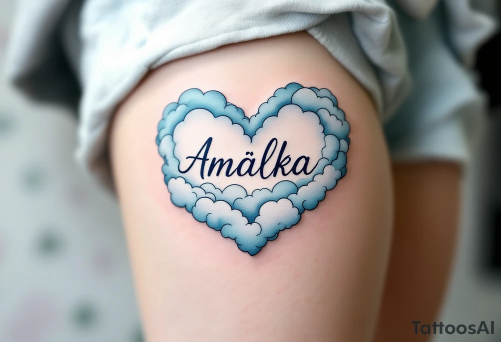 A heart shaped from soft clouds in baby blue, holding the name Amálka in gentle script. tattoo idea