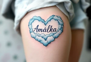 A heart shaped from soft clouds in baby blue, holding the name Amálka in gentle script. tattoo idea