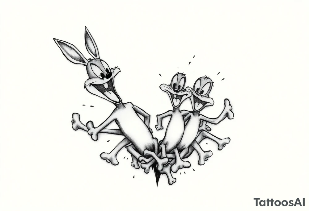 right rib cage i want the looney toons breaking out and as their body parts exit they turn to bones (representing my four kids 3 boys 1 girl) tattoo idea