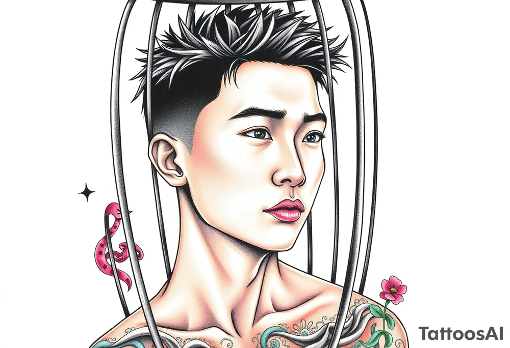 Handsome Asian young guy in a cage tattoo idea
