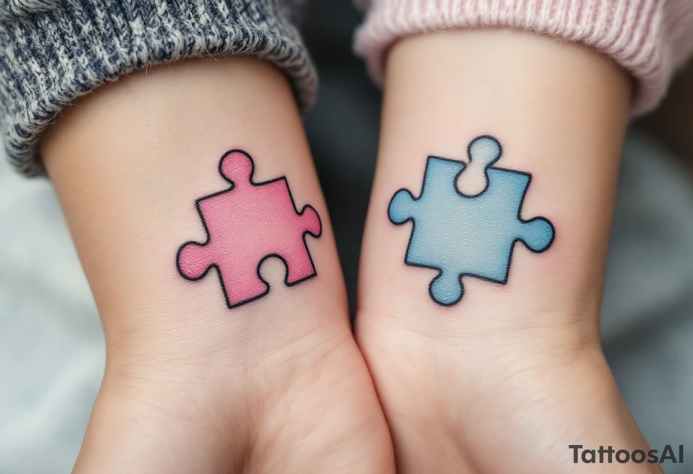 Interlocking puzzle pieces in soft pink and muted blue on the inner wrists symbolize how perfectly you fit together. tattoo idea