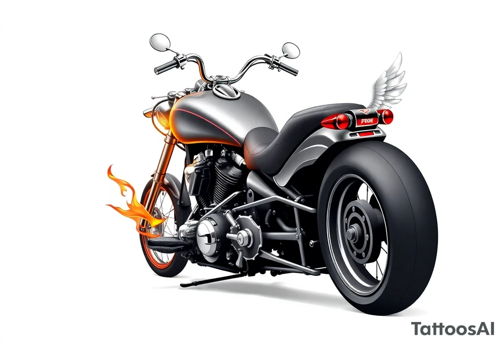 Low rider grey motorcycle, big muffler pipes with flames, angel wings, driving away, no person tattoo idea