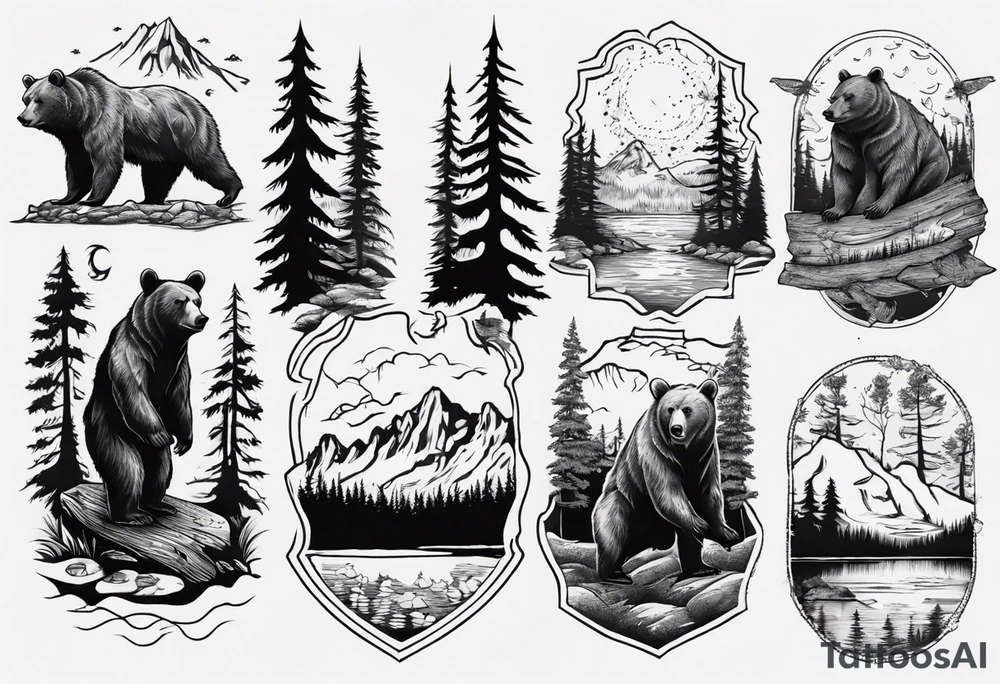 bear, forest, lake, appalachia, arm sleeve tattoo tattoo idea