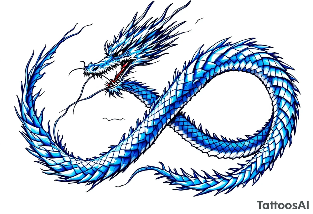 The design features a dragon, coiled in the shape of the infinity symbol (sideways number "8"). The dragon is depicted eating its own tail, symbolizing eternity and continuity, inspired by the Ouroboros.

Details:

The dragon's body has vibrant, glossy blue scales, with a smooth and polished texture.
It maintains a clean, balanced shape in the infinity figure, with sharp details and elegant flow.
Style:

The focus remains on the dragon's form, with no additional background elements to keep the design minimal and modern. tattoo idea