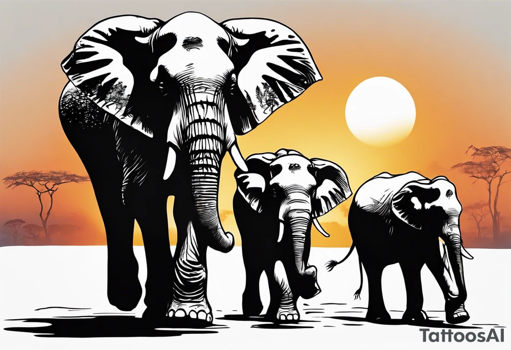 family of 6 elephants walking into sunset after one of them has died tattoo idea
