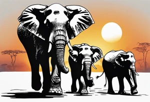 family of 6 elephants walking into sunset after one of them has died tattoo idea