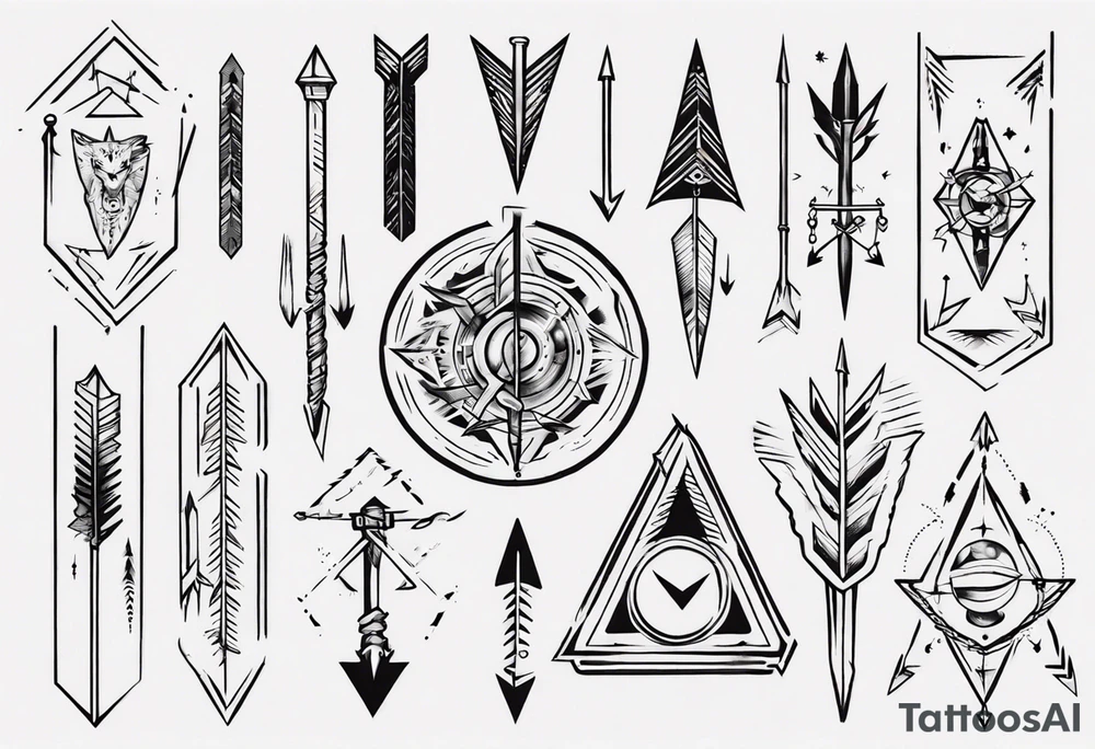 Arrow including symbols for temperance wisdom courage justice tattoo idea