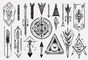 Arrow including symbols for temperance wisdom courage justice tattoo idea
