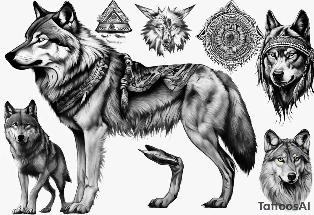Indian Theme wolf realistic tattoo idea