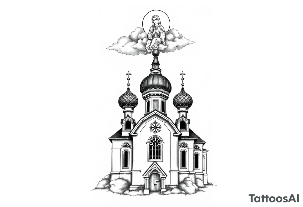 Russian Orthodox church with orthodox spire crosses, with clouds above it and a virgin mary seperately over looking sat above tattoo idea