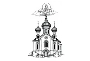 Russian Orthodox church with orthodox spire crosses, with clouds above it and a virgin mary seperately over looking sat above tattoo idea
